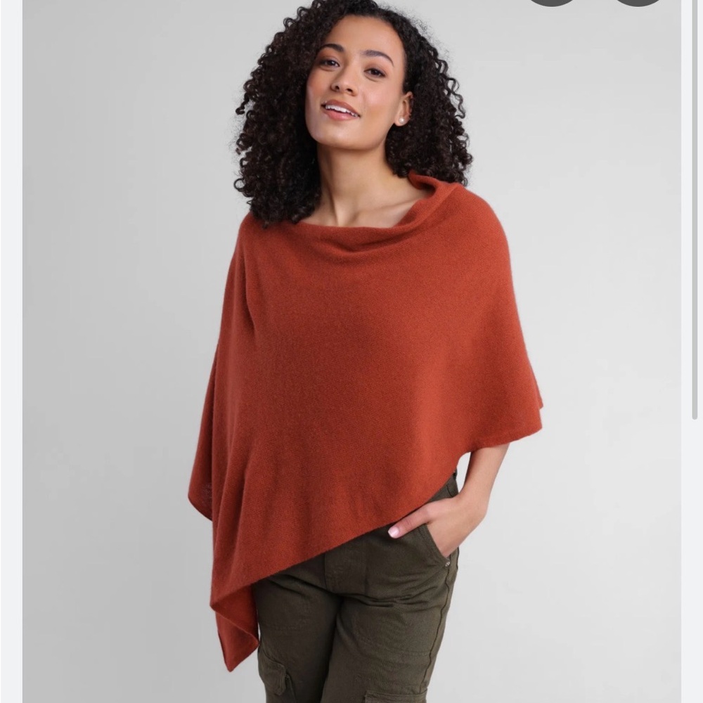 LOOK BY M Merino Wool Blend Poncho Cap Rust Orange Asymmetrical Pullover Sweater
